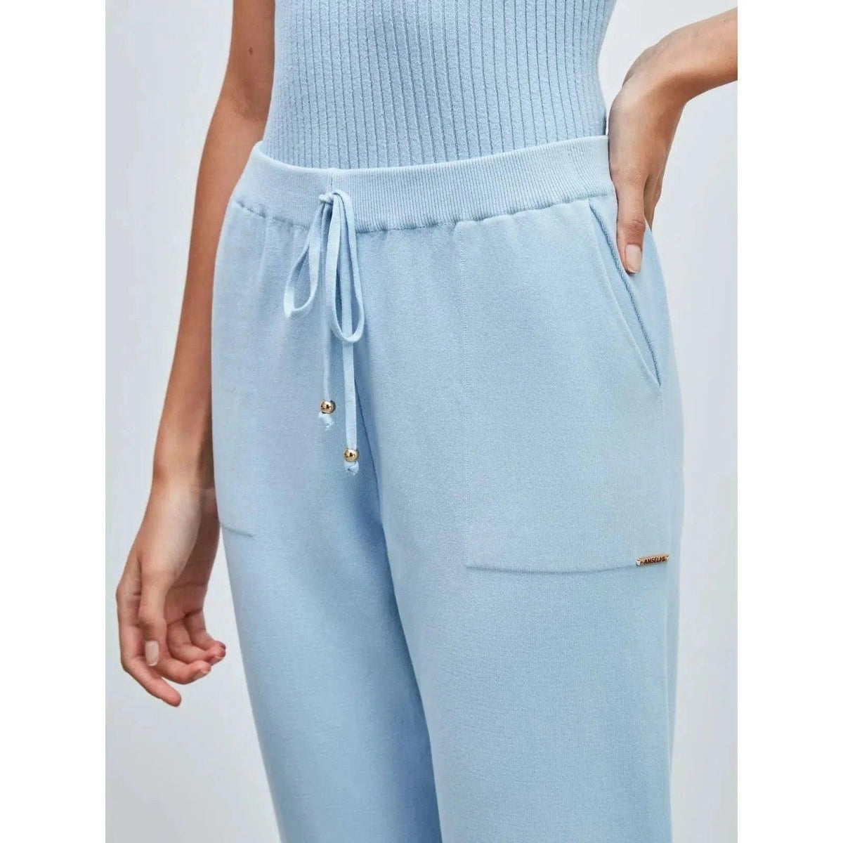 Calça em Tricô com Barra Italiana Azul Celeste
