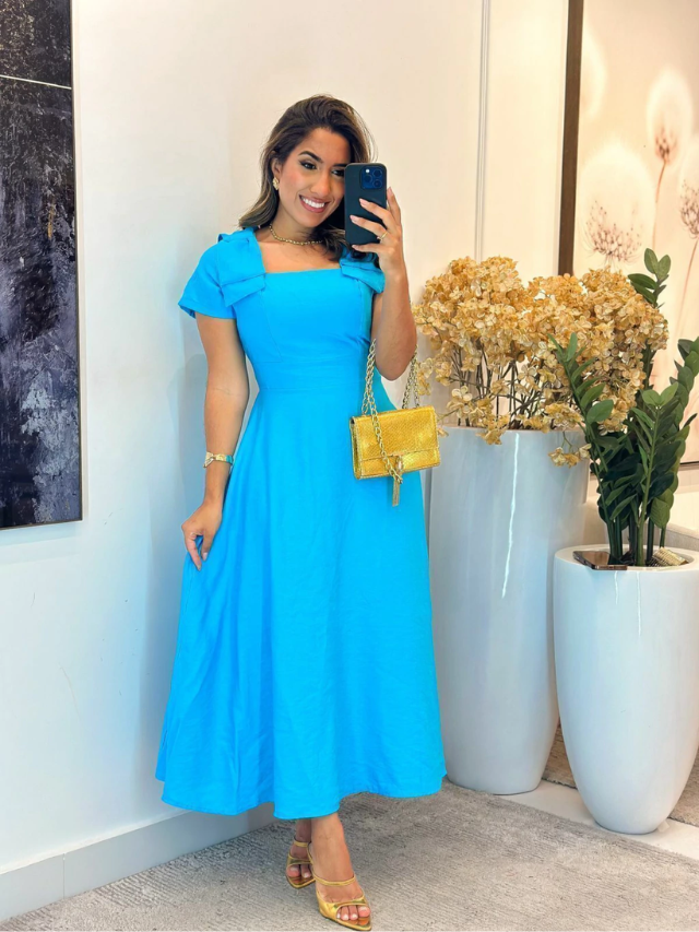 Vestido Promessa Linho detalhe de laço na manga